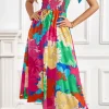 Hot Dear-Lover Bold Floral Print Knot Straps Smocked High Waist Midi Dress Rose