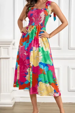 Hot Dear-Lover Bold Floral Print Knot Straps Smocked High Waist Midi Dress Rose
