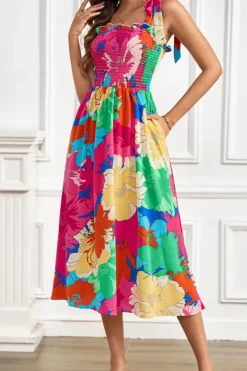 Hot Dear-Lover Bold Floral Print Knot Straps Smocked High Waist Midi Dress Rose