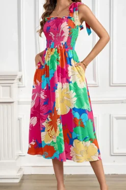 Hot Dear-Lover Bold Floral Print Knot Straps Smocked High Waist Midi Dress Rose
