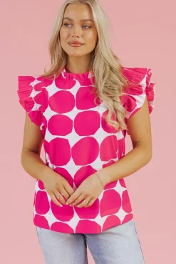 New Dear-Lover Bubblegum Pattern Frilled Collar Flutter Sleeve Top Rose