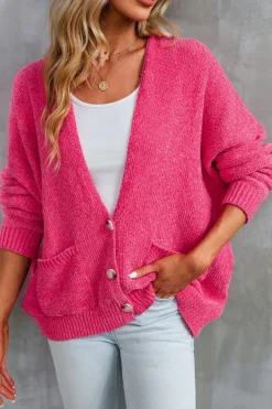 Best Dear-Lover Buttons Front Pocketed Sweater Cardigan Rose