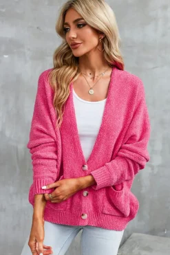 Best Dear-Lover Buttons Front Pocketed Sweater Cardigan Rose