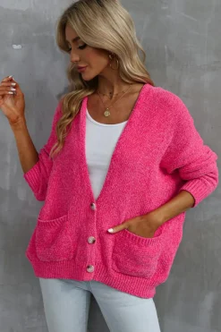 Best Dear-Lover Buttons Front Pocketed Sweater Cardigan Rose