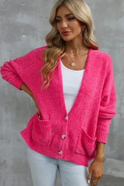 Best Dear-Lover Buttons Front Pocketed Sweater Cardigan Rose