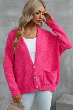 Best Dear-Lover Buttons Front Pocketed Sweater Cardigan Rose