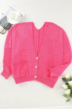Best Dear-Lover Buttons Front Pocketed Sweater Cardigan Rose