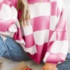 Online Dear-Lover Checkered Bishop Sleeve Sweater Rose