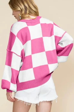 Online Dear-Lover Checkered Bishop Sleeve Sweater Rose