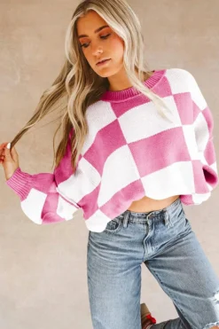 Online Dear-Lover Checkered Bishop Sleeve Sweater Rose