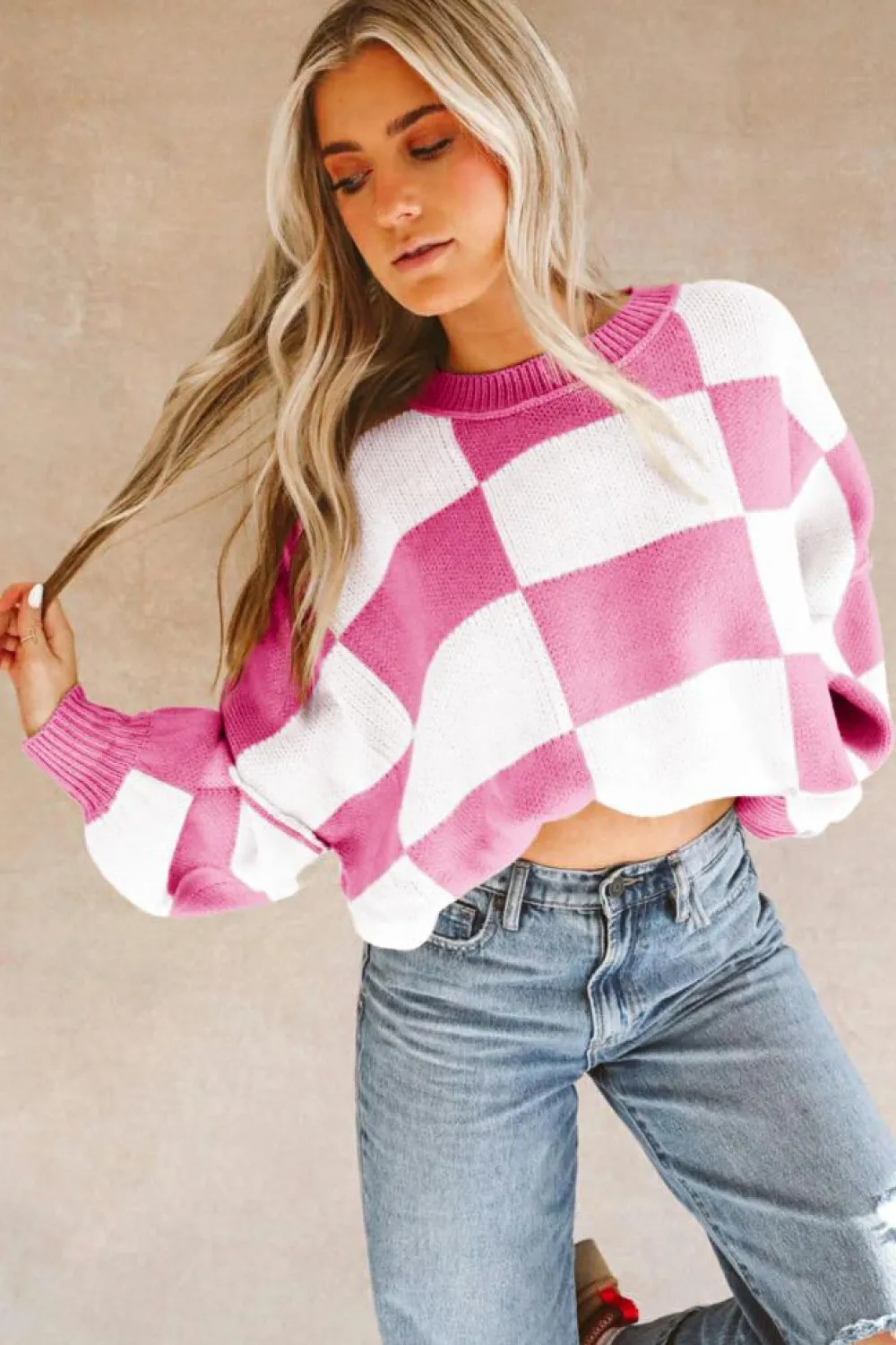 Online Dear-Lover Checkered Bishop Sleeve Sweater Rose