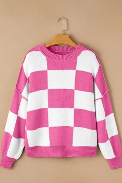Online Dear-Lover Checkered Bishop Sleeve Sweater Rose