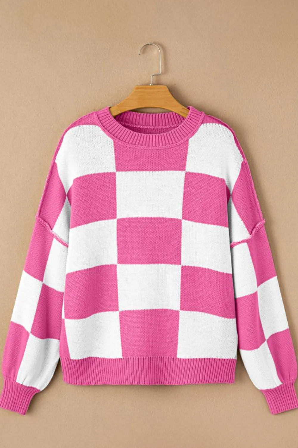 Online Dear-Lover Checkered Bishop Sleeve Sweater Rose