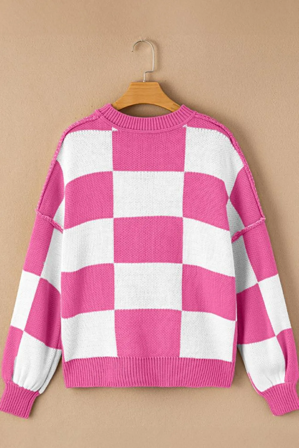 Online Dear-Lover Checkered Bishop Sleeve Sweater Rose