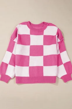 Online Dear-Lover Checkered Bishop Sleeve Sweater Rose