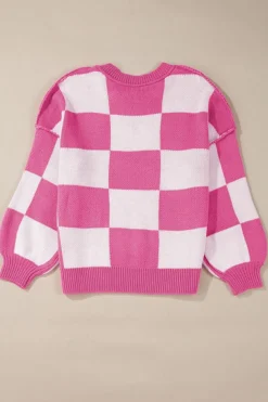 Online Dear-Lover Checkered Bishop Sleeve Sweater Rose