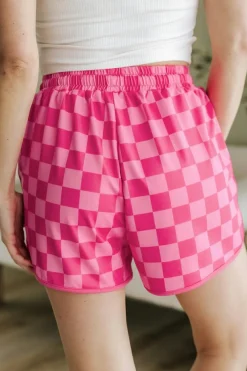Best Dear-Lover Checkered Drawstring Elastic Waist Casual Shorts Rose