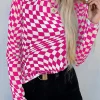 Best Dear-Lover Checkered Pattern Mesh Mock Neck Long Sleeve Top Rose