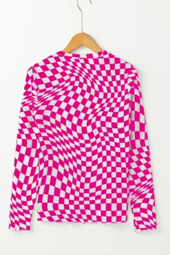 Best Dear-Lover Checkered Pattern Mesh Mock Neck Long Sleeve Top Rose