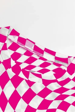 Best Dear-Lover Checkered Pattern Mesh Mock Neck Long Sleeve Top Rose