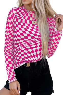 Best Dear-Lover Checkered Pattern Mesh Mock Neck Long Sleeve Top Rose