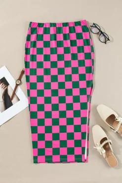 Sale Dear-Lover Checkered Print Side Slit High Waist Midi Skirt Rose