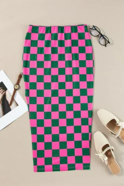 Sale Dear-Lover Checkered Print Side Slit High Waist Midi Skirt Rose