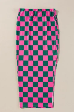 Sale Dear-Lover Checkered Print Side Slit High Waist Midi Skirt Rose