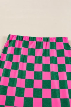 Sale Dear-Lover Checkered Print Side Slit High Waist Midi Skirt Rose