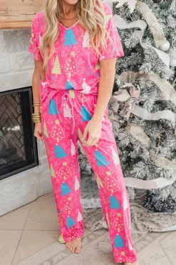 Fashion Dear-Lover Christmas Tree Print V Neck Tee and Pants Lounge Set Rose