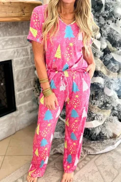 Fashion Dear-Lover Christmas Tree Print V Neck Tee and Pants Lounge Set Rose
