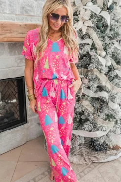 Fashion Dear-Lover Christmas Tree Print V Neck Tee and Pants Lounge Set Rose
