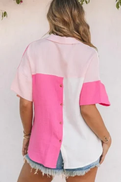 Online Dear-Lover Collared Neck Color Block Polo Shirt Rose