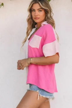 Online Dear-Lover Collared Neck Color Block Polo Shirt Rose