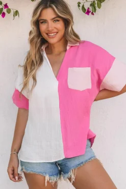 Online Dear-Lover Collared Neck Color Block Polo Shirt Rose