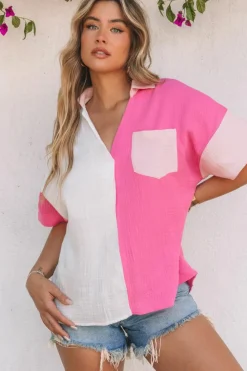 Online Dear-Lover Collared Neck Color Block Polo Shirt Rose