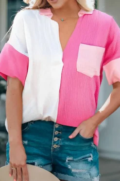 Online Dear-Lover Collared Neck Color Block Polo Shirt Rose