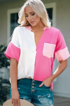 Online Dear-Lover Collared Neck Color Block Polo Shirt Rose