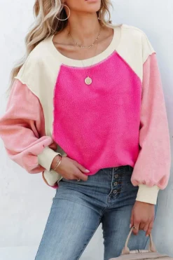 Online Dear-Lover Colorblock Long Sleeve Pullover Fleece Sweatshirt Rose