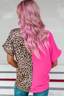 Best Dear-Lover Contrast Leopard Color Block Blouse Rose