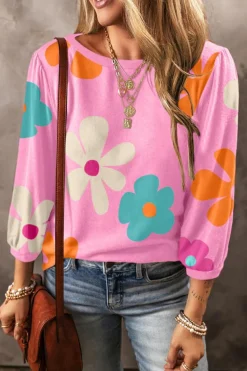 Discount Dear-Lover Cute Flower Print Bracelet Sleeve Top Rose