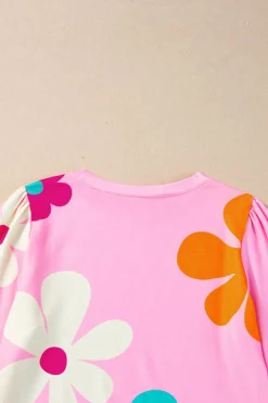 Discount Dear-Lover Cute Flower Print Bracelet Sleeve Top Rose