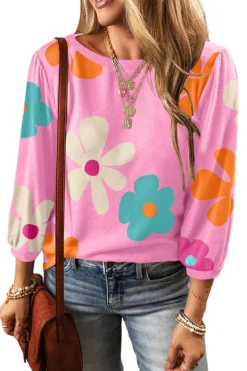 Discount Dear-Lover Cute Flower Print Bracelet Sleeve Top Rose