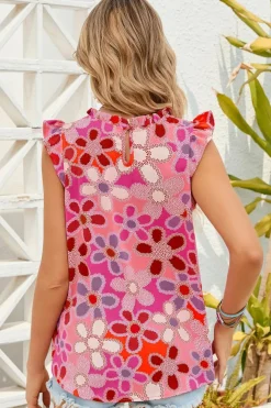 New Dear-Lover Embroidered Detail Floral Print Ruffle Trim Tank Top Rose