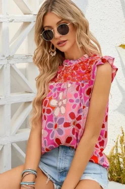 New Dear-Lover Embroidered Detail Floral Print Ruffle Trim Tank Top Rose