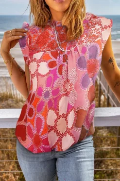 New Dear-Lover Embroidered Detail Floral Print Ruffle Trim Tank Top Rose