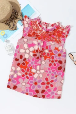 New Dear-Lover Embroidered Detail Floral Print Ruffle Trim Tank Top Rose