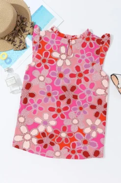 New Dear-Lover Embroidered Detail Floral Print Ruffle Trim Tank Top Rose