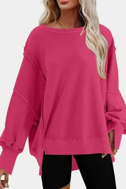 Sale Dear-Lover Exposed Seam Drop Shoulder Slit High Low Hem Sweatshirt Rose