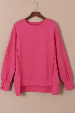 Sale Dear-Lover Exposed Seam Drop Shoulder Slit High Low Hem Sweatshirt Rose